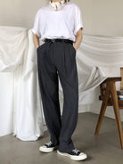 MASONPRINCE Pleated Wide Leg Trousers in Gray - On Model