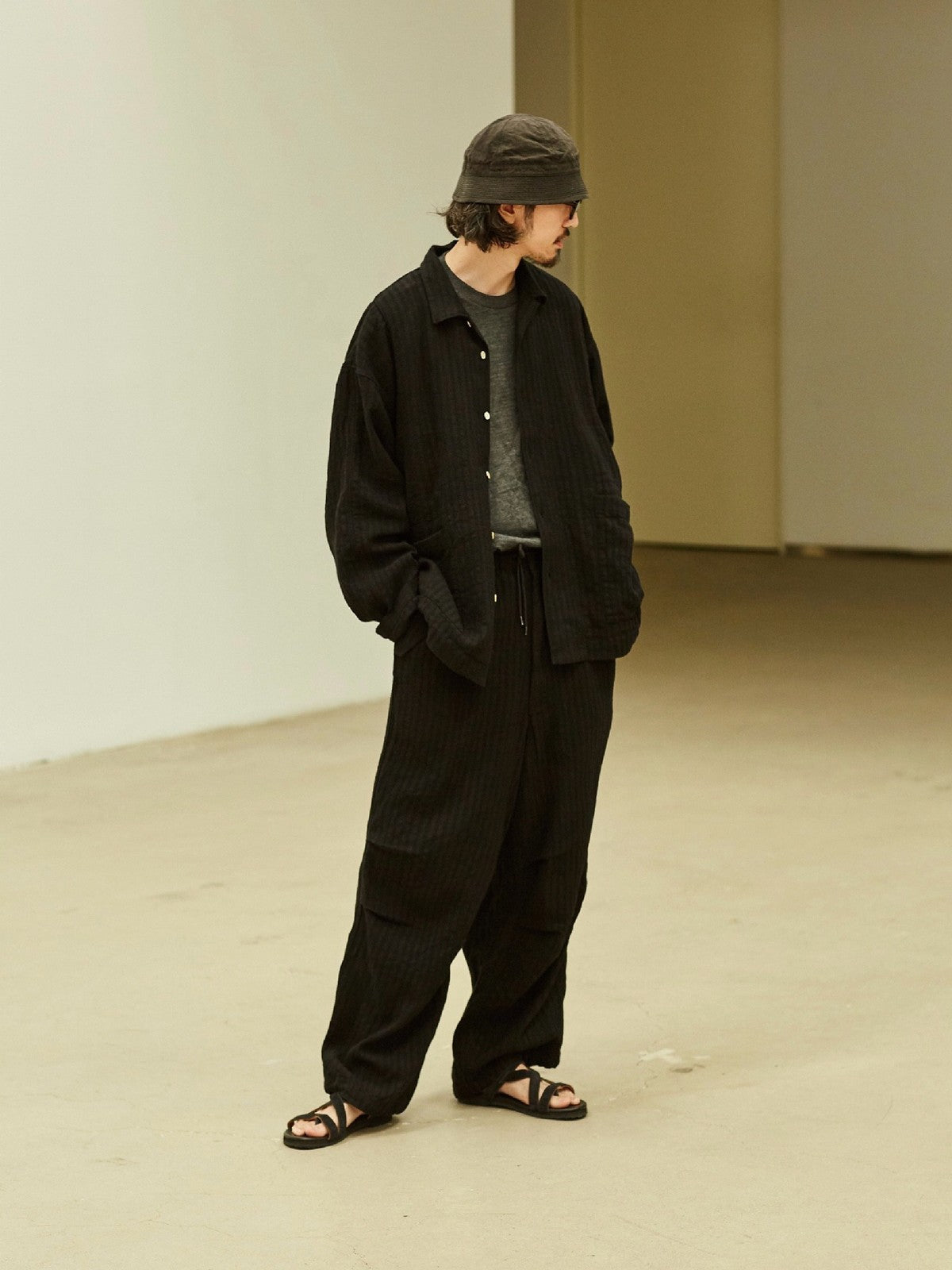 USAGE Textured Cotton Ramie Work Shirt in Black - On Male Model