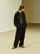 USAGE Textured Cotton Ramie Work Shirt in Black - On Male Model