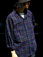 USAGE Washed Crinkle Plaid Open Collar Shirt in Navy Blue - On Male Model