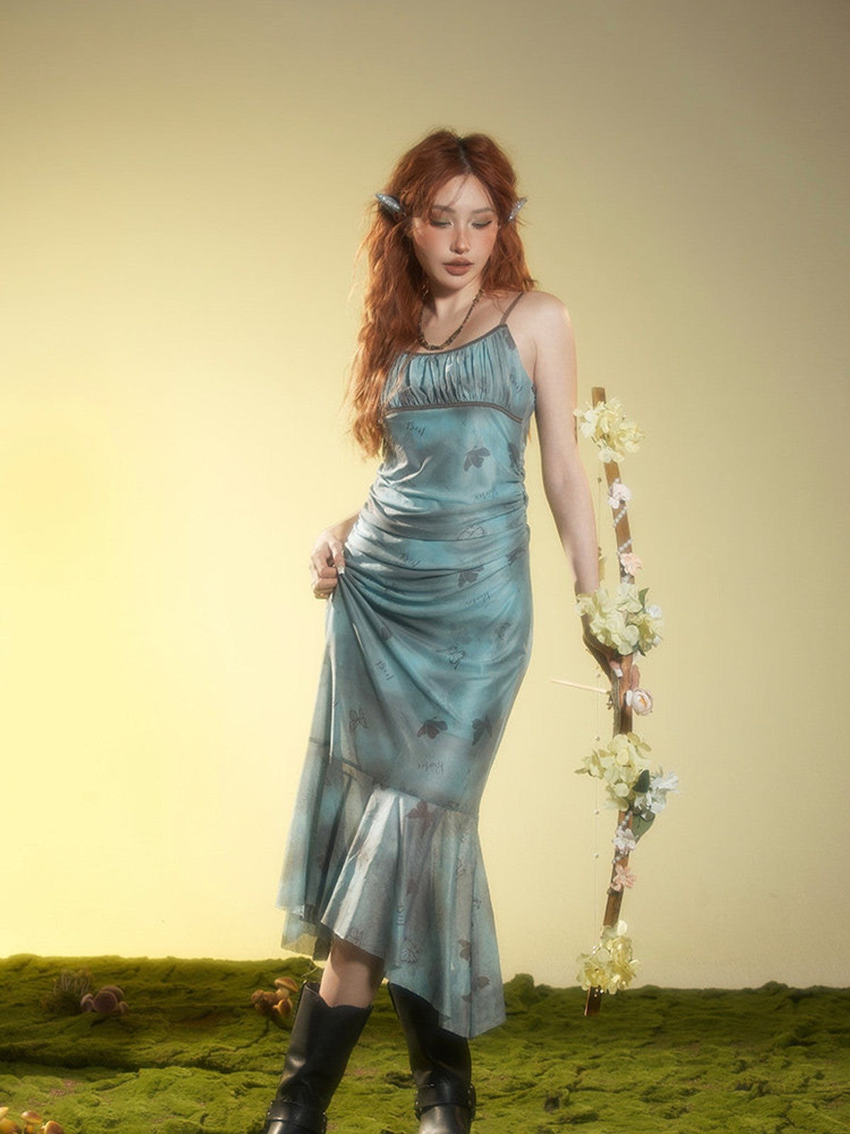 BEERBRO Butterfly Print Mesh Cami Dress in Teal - On Female Model