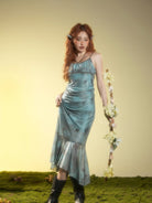 BEERBRO Butterfly Print Mesh Cami Dress in Teal - On Female Model