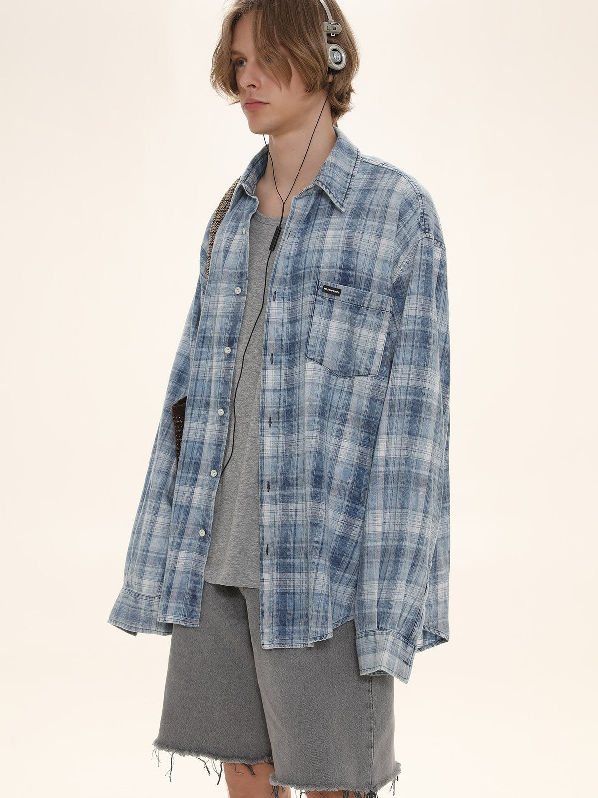 MASONPRINCE Long Sleeve Plaid Cotton Shirt in Light Blue - On Male Model