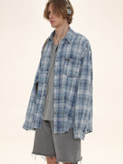 MASONPRINCE Long Sleeve Plaid Cotton Shirt in Light Blue - On Male Model