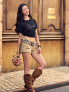BEERBRO Embroidered Tencel Cinched Tee in Black - On Female Model