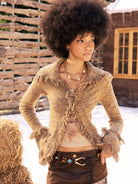 BEERBRO Raw Edge Textured Knit Cardigan in Beige - On Female Model