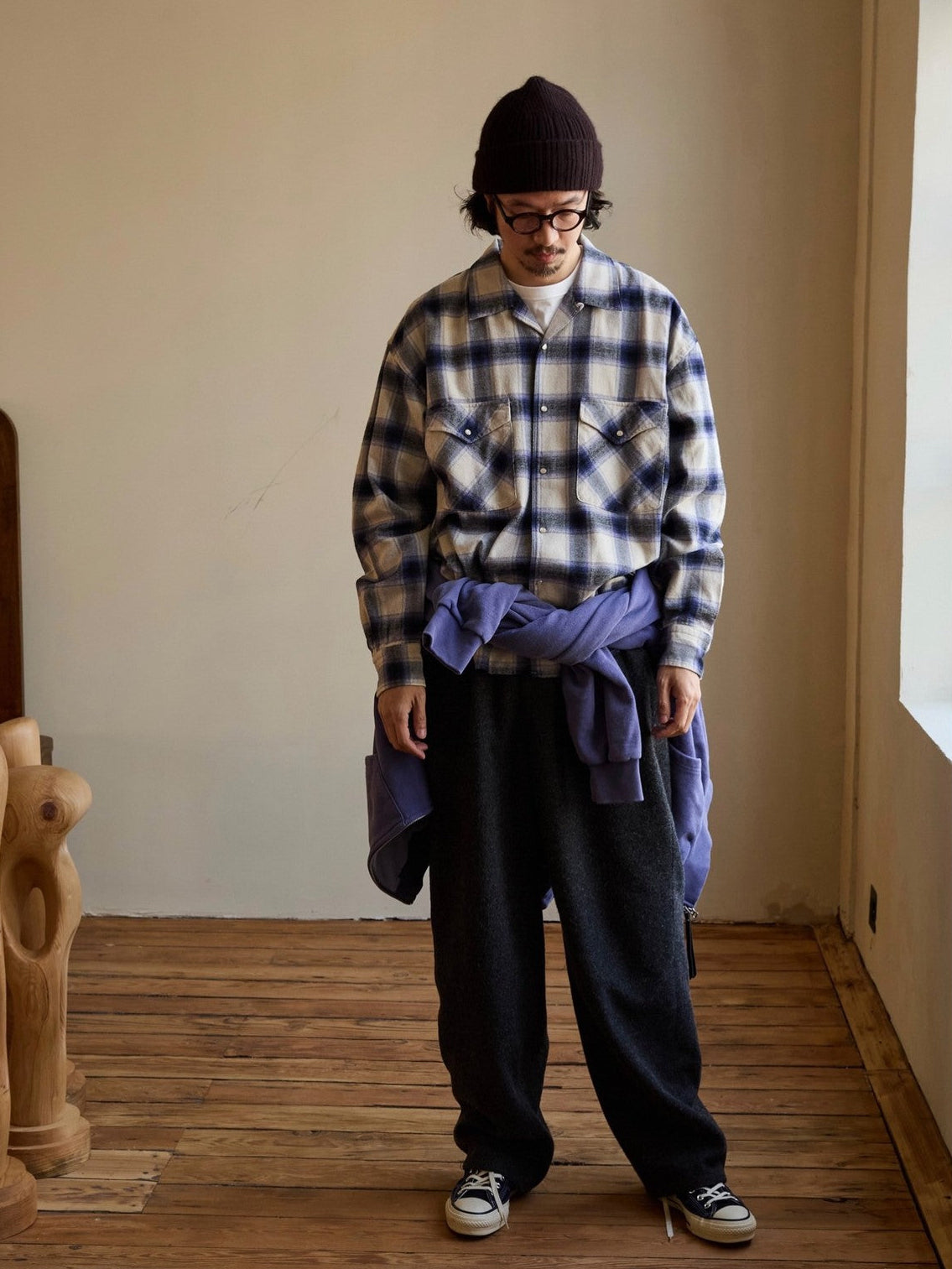 USAGE Brushed Plaid Western Shirt in Purple - On Male Model