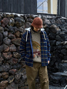 USAGE Detachable Hood Cotton Plaid Shirt in Navy Blue - On Male Model