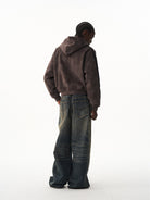 BLINDNOPLAN Distressed Embroidered Zip Up Hoodie in Brown - On Male Model