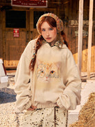 BEERBRO Distressed Cat Graphic Hoodie in Cream - On Female Model