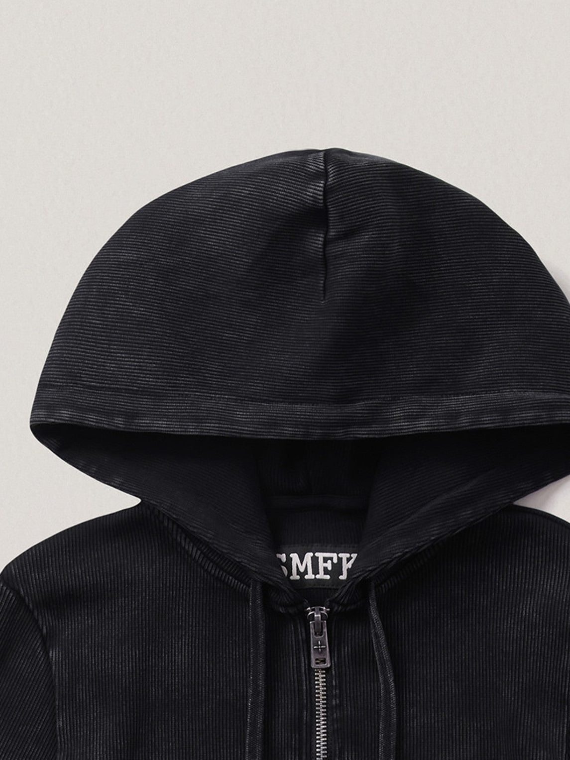 SMFK Washed Ribbed Zip Up Hoodie in Black - Detail