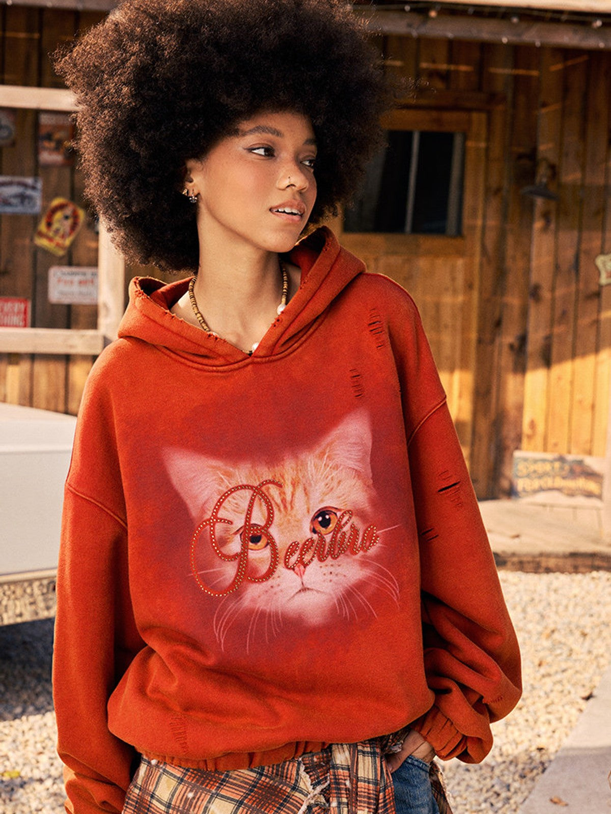 BEERBRO Distressed Cat Graphic Hoodie in Orange - On Female Model