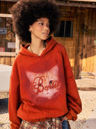 BEERBRO Distressed Cat Graphic Hoodie in Orange - On Female Model