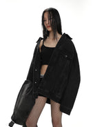MASONPRINCE Reverse Detail Washed Denim Jacket in Black - On Female Model
