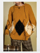 BeerBro Distressed Fuzzy Argyle Sweater in Mustard - On Female Model