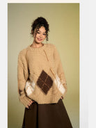 BeerBro Distressed Fuzzy Argyle Sweater in Beige - On Female Model