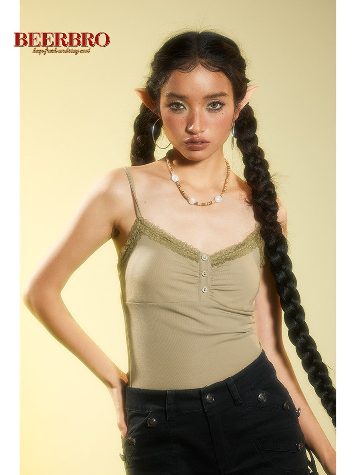 BEERBRO Lace Trim Built In Bra Camisole in Olive - On Female Model