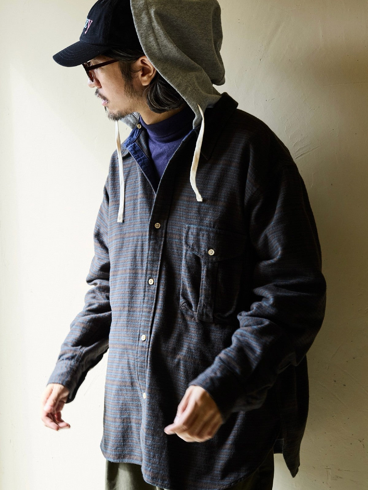 USAGE Detachable Hood Cotton Plaid Shirt in Brown - On Male Model