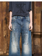BLINDNOPLAN Distressed Dark Wash Straight Jeans in Blue - On Model
