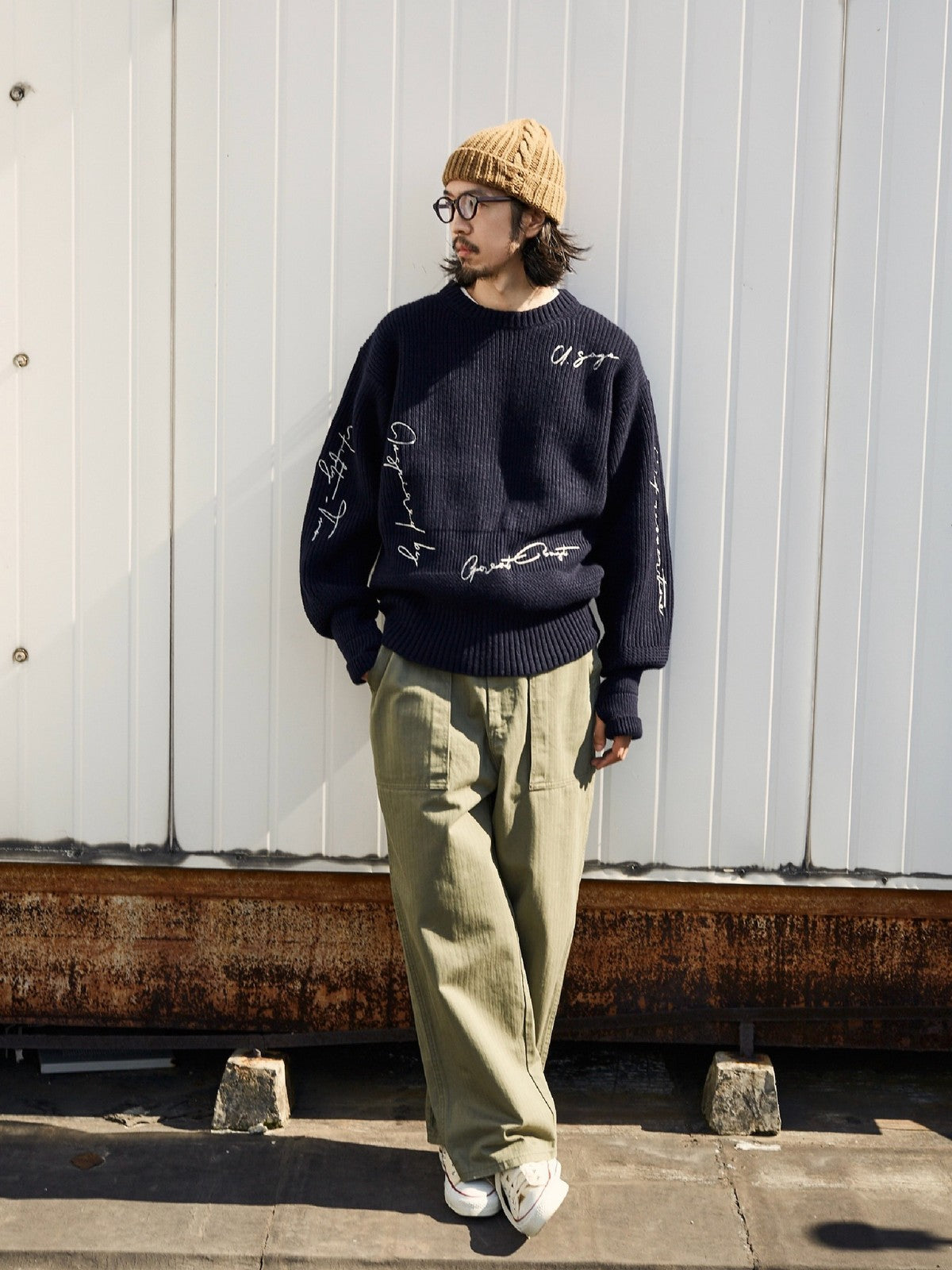 USAGE Heavyweight Herringbone Baker Pants in Olive - On Male Model
