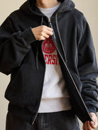 USAGE Vintage Washed Double Layer Zip Hoodie in Black - On Male Model