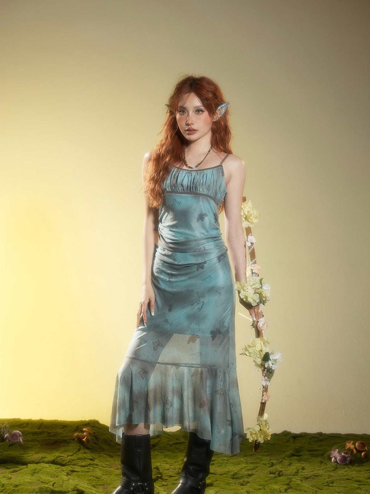 BEERBRO Butterfly Print Mesh Cami Dress in Teal - On Female Model