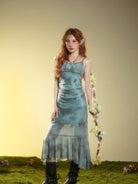 BEERBRO Butterfly Print Mesh Cami Dress in Teal - On Female Model