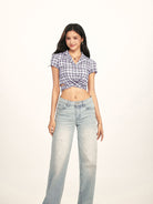 BEERBRO Plaid Cross Front Crop Shirt in Lavender - On Female Model
