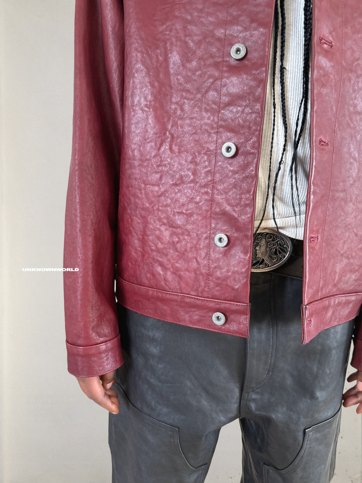 UNKNOWNWORLD Distressed Scarlet Leather Jacket in Red - On Model