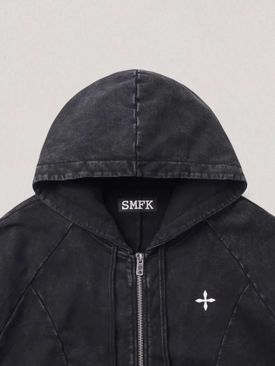 SMFK Washed Cotton Zip Up Hoodie in Gray - Detail