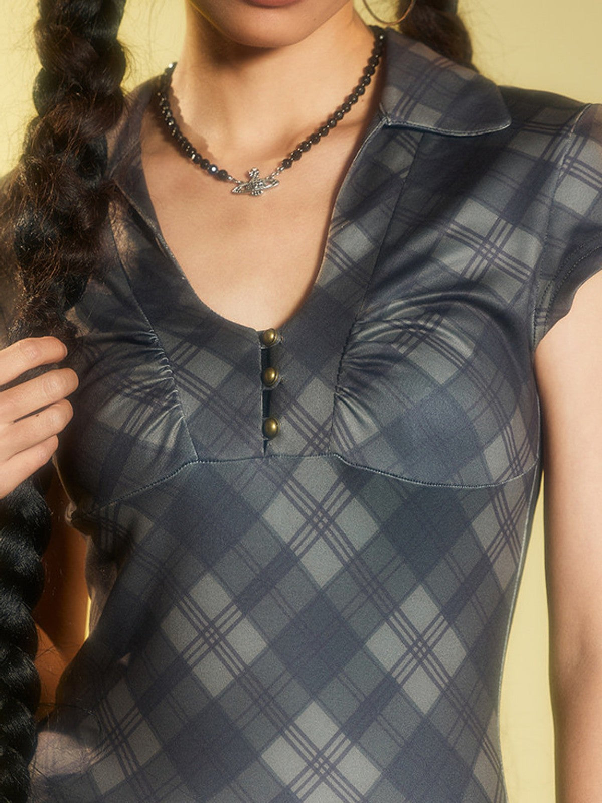 BEERBRO Plaid V Neck Collared Top in Gray - On Female Model