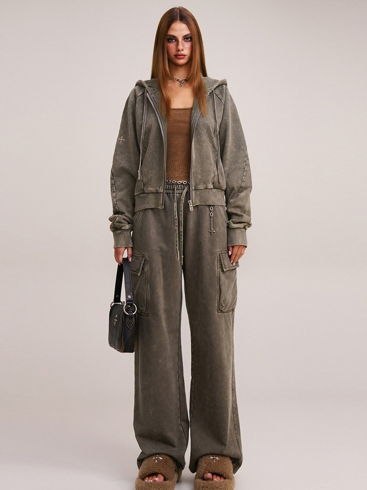 SMFK Garment Dyed Cotton Zip Up Hoodie in Gray - On Female Model