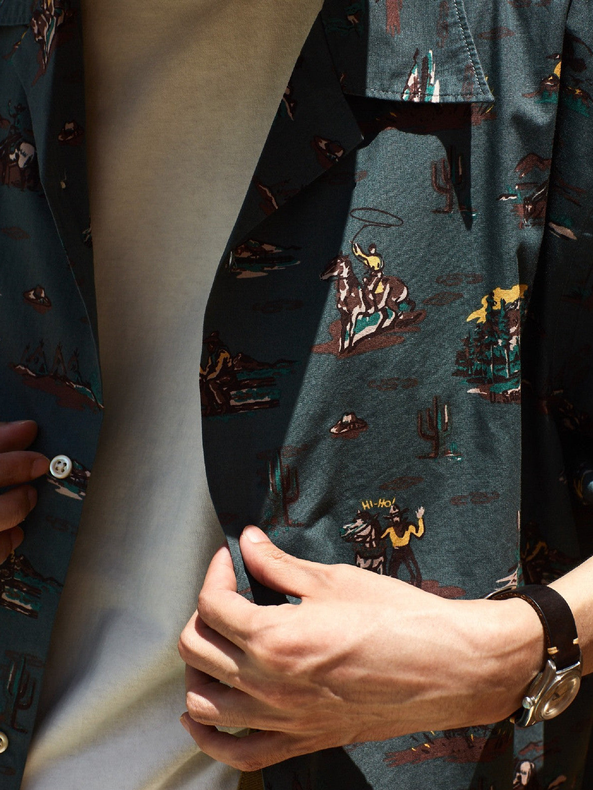 USAGE Cowboy Print Cotton Hawaiian Shirt in Teal - On Male Model