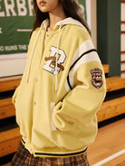 BEERBRO Detachable Hood Varsity Jacket in Yellow - On Female Model