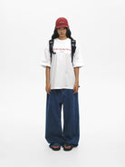 MASONPRINCE Distressed Embroidered Slub T Shirt in White - On Female Model