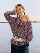 BEERBRO Striped Off Shoulder Long Sleeve Tee in Red - On Female Model