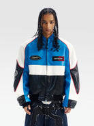 BLINDNOPLAN Color Block Faux Leather Padded Jacket in Blue - On Male Model