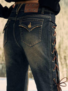 BeerBro Side Lace Up Low Rise Flare Jeans in Blue - On Model