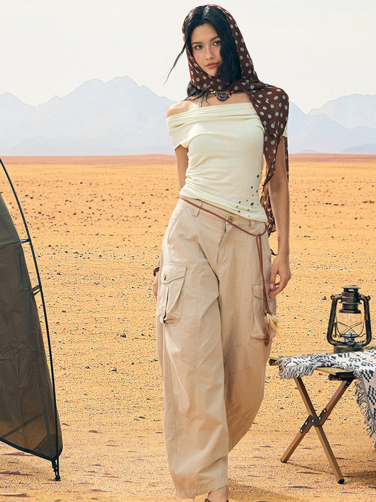 BEERBRO Washed Cotton Safari Cargo Pants in Beige - On Female Model