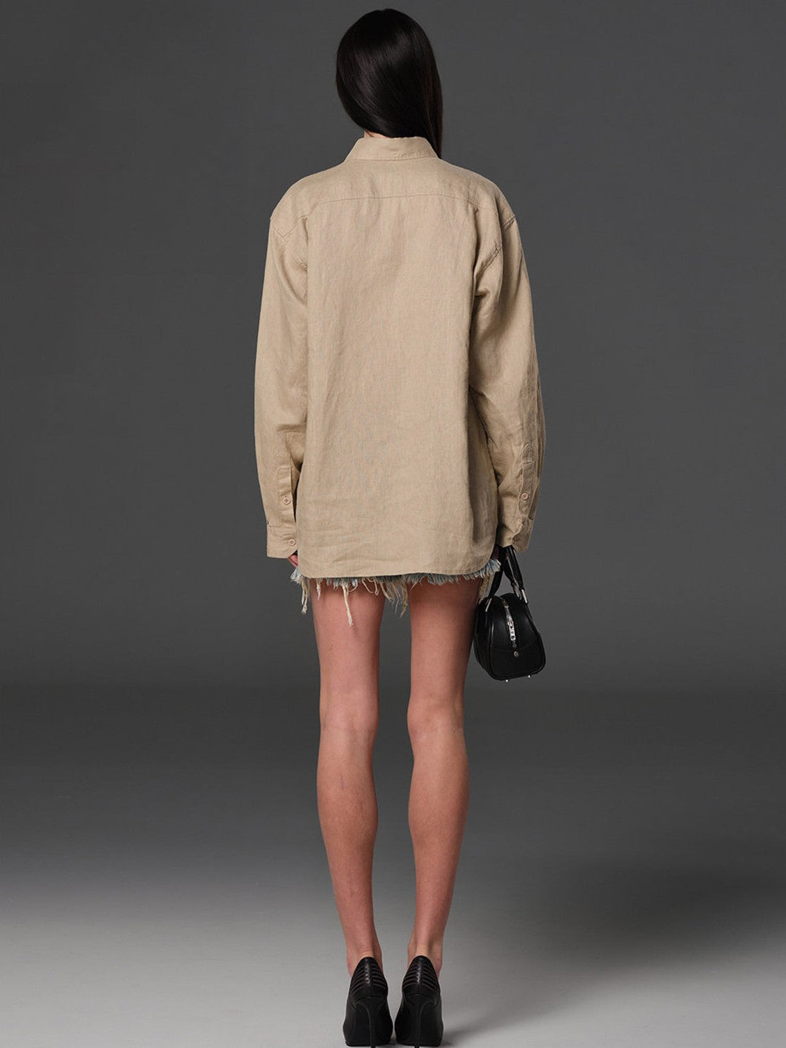 SMFK Long Sleeve Linen Button Down in Beige - On Female Model