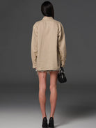 SMFK Long Sleeve Linen Button Down in Beige - On Female Model