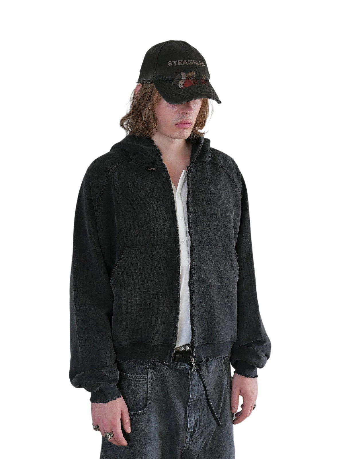 UNKNOWNWORLD Distressed Washed Zip Up Hoodie in Black - On Male Model