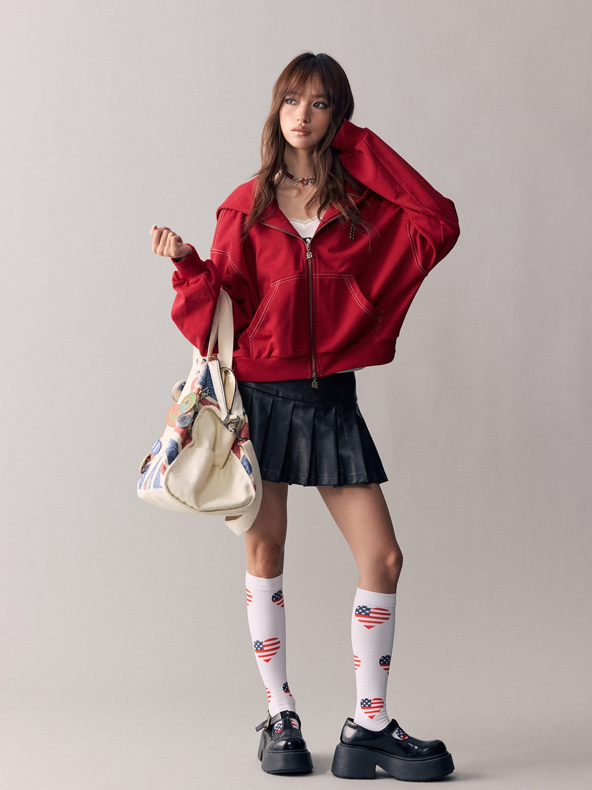 BEERBRO Studded Cross Zip Up Hoodie in Red - On Female Model