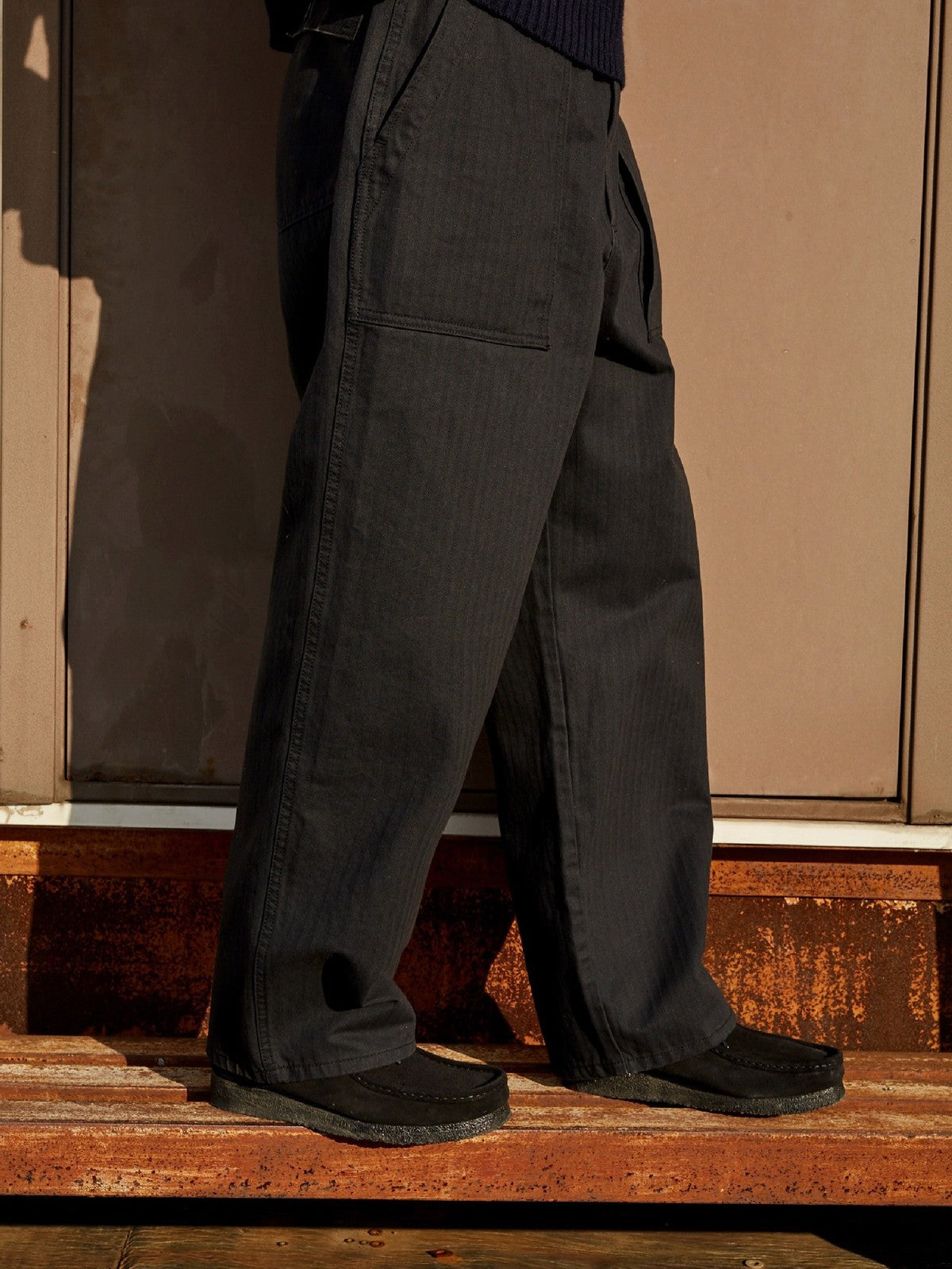 USAGE Heavyweight Herringbone Baker Pants in Navy Blue - On Male Model