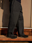 USAGE Heavyweight Herringbone Baker Pants in Navy Blue - On Male Model