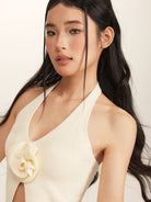 BEERBRO 3D Rose Knit Halter Top in Cream - On Female Model