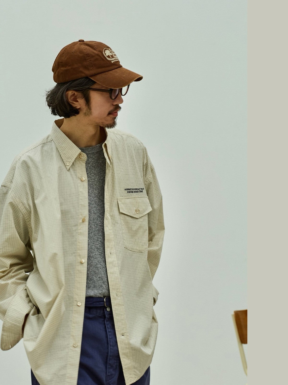 USAGE Oversized Micro Check Button Down Shirt in Cream - On Male Model