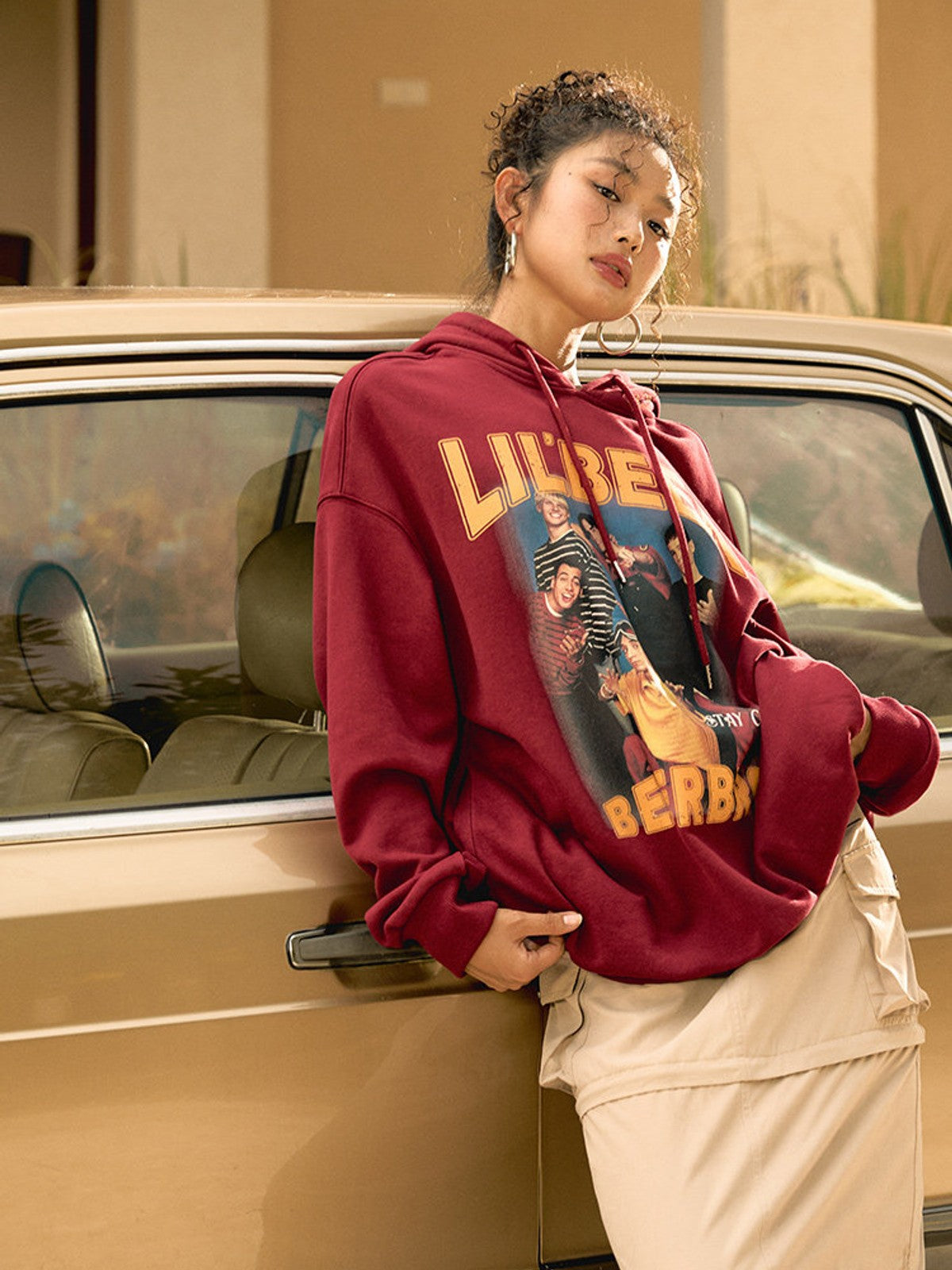 BEERBRO Retro Graphic Print Hoodie in Burgundy - On Female Model