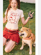 BeerBro Schnauzer Rhinestone Cropped Tee in Cream - On Female Model