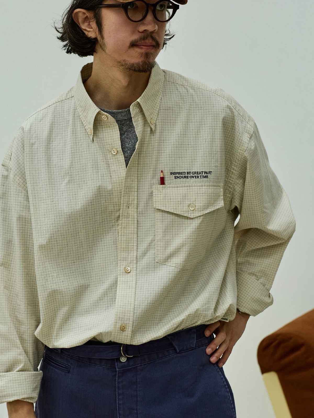 USAGE Oversized Micro Check Button Down Shirt in Cream - On Male Model